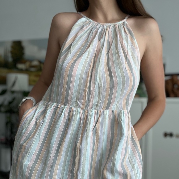 Lucky Brand Pastel Stripe Dress Multi Tiered Drawstring Neck Womens - Picture 2 of 10